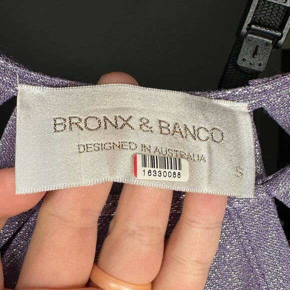 Bronx and Banco Amara Lilac Shimmer Cutout Shoulder Pad Fitted Gown Dress size 4 - Picture 13 of 16